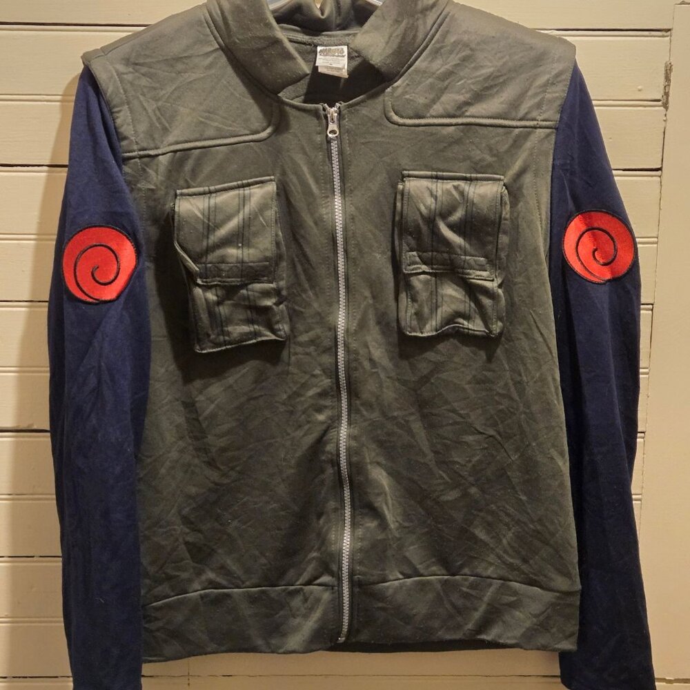 Naruto Shippuden Jacket Mens M Anime Cosplay Zip Front Patch Emblem Green Style